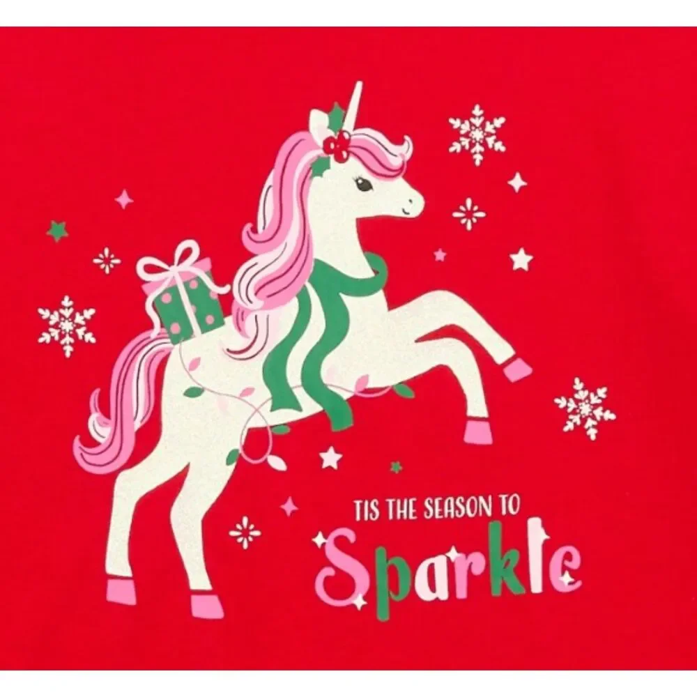 NEW Girls Sz XL Christmas Unicorn Red Long Sleeve Tee Shirt HOLIDAY TIME